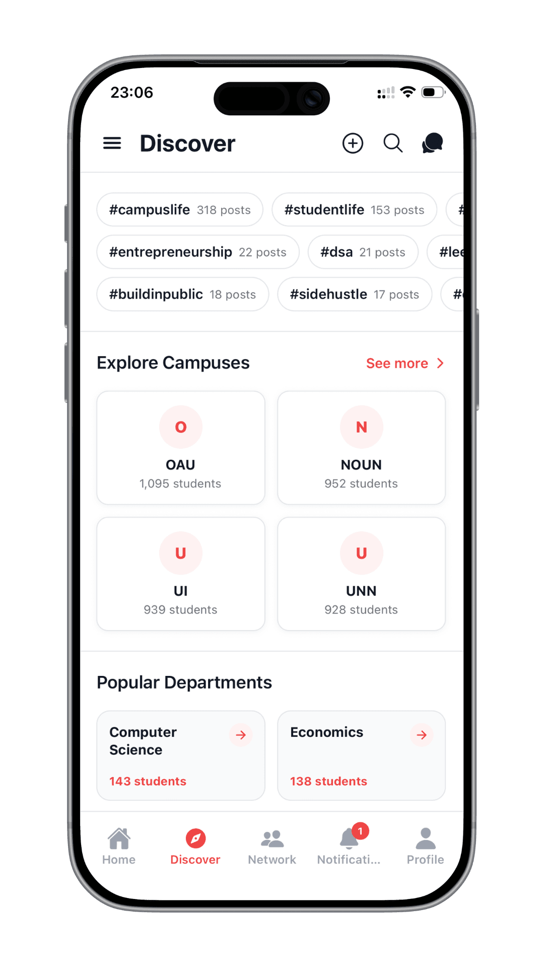 Yikora discover page showing students and campus discovery