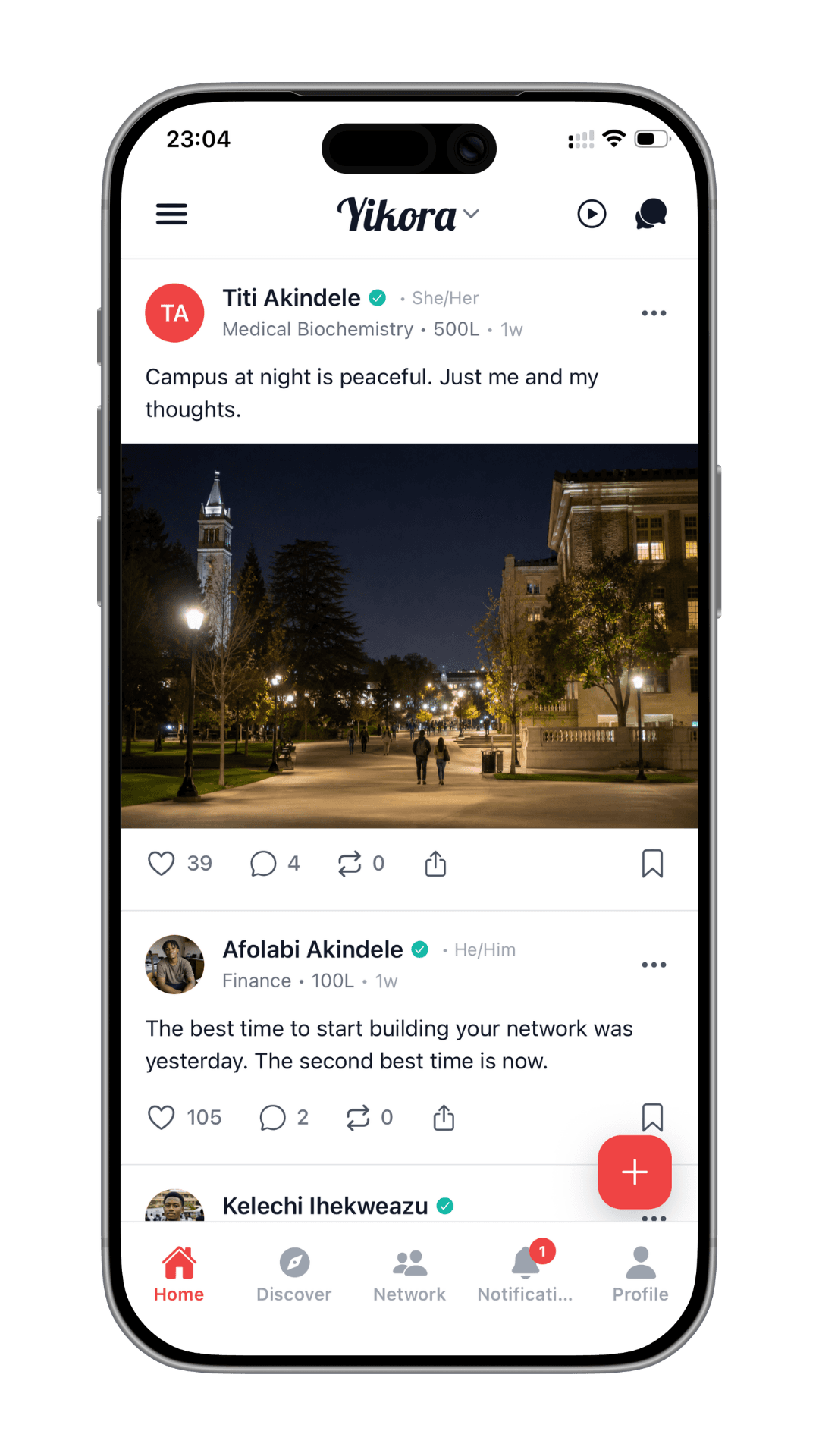 Yikora app home feed showing campus posts and bottom navigation