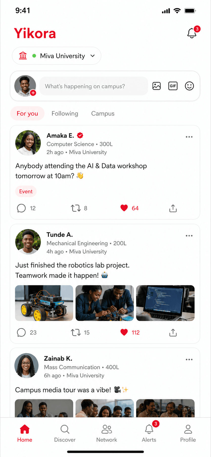 Yikora app home feed showing campus posts and bottom navigation